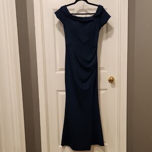 Blue Off Shoulder Cap Sleeve Maxi Gown